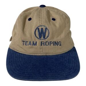 Vintage Headmaster Team Roping Strapback Hat Tan Blue Western Cap USA